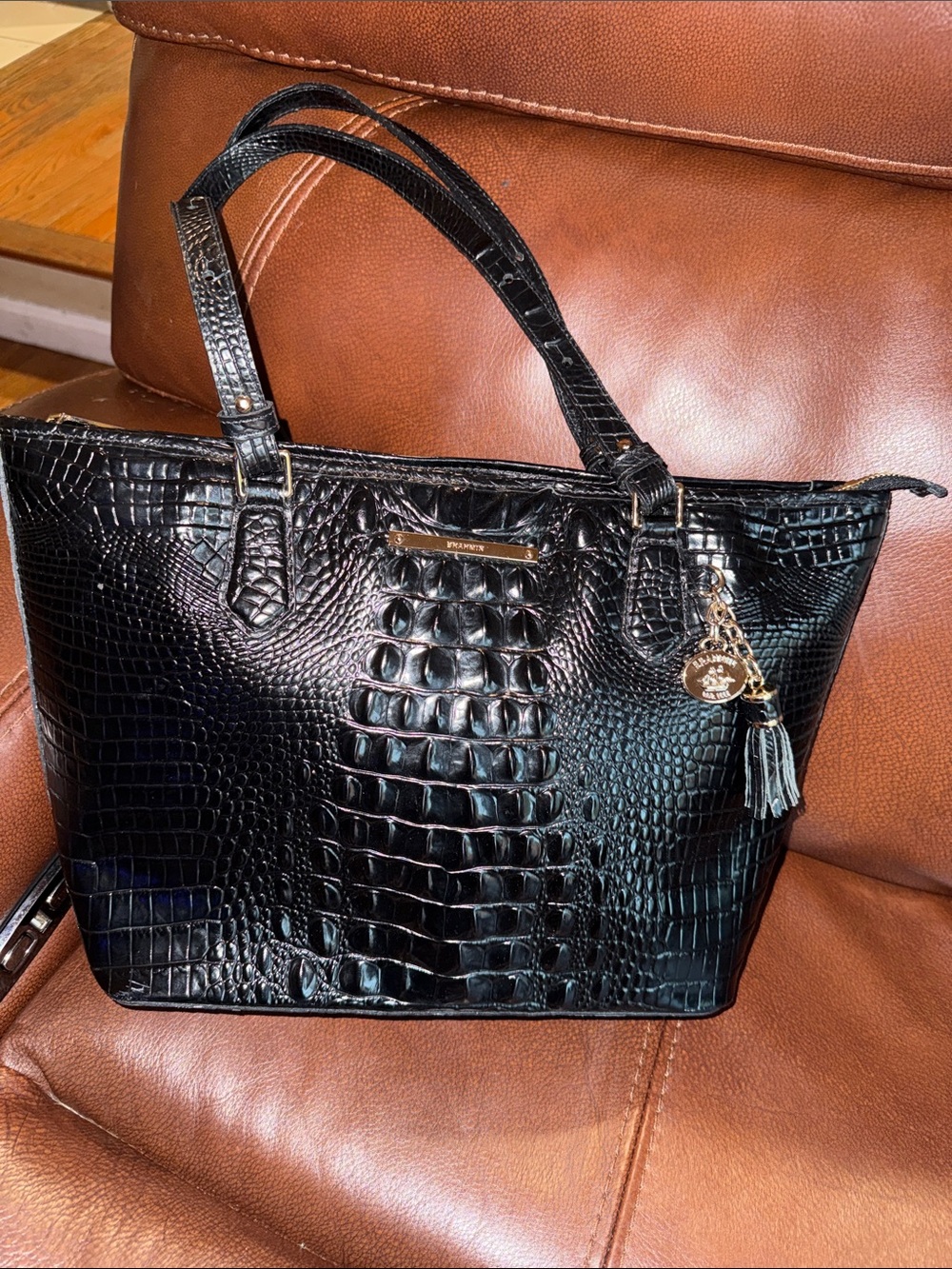 Brahmin Black Croc-Embossed Leather Tote with Charm Accent